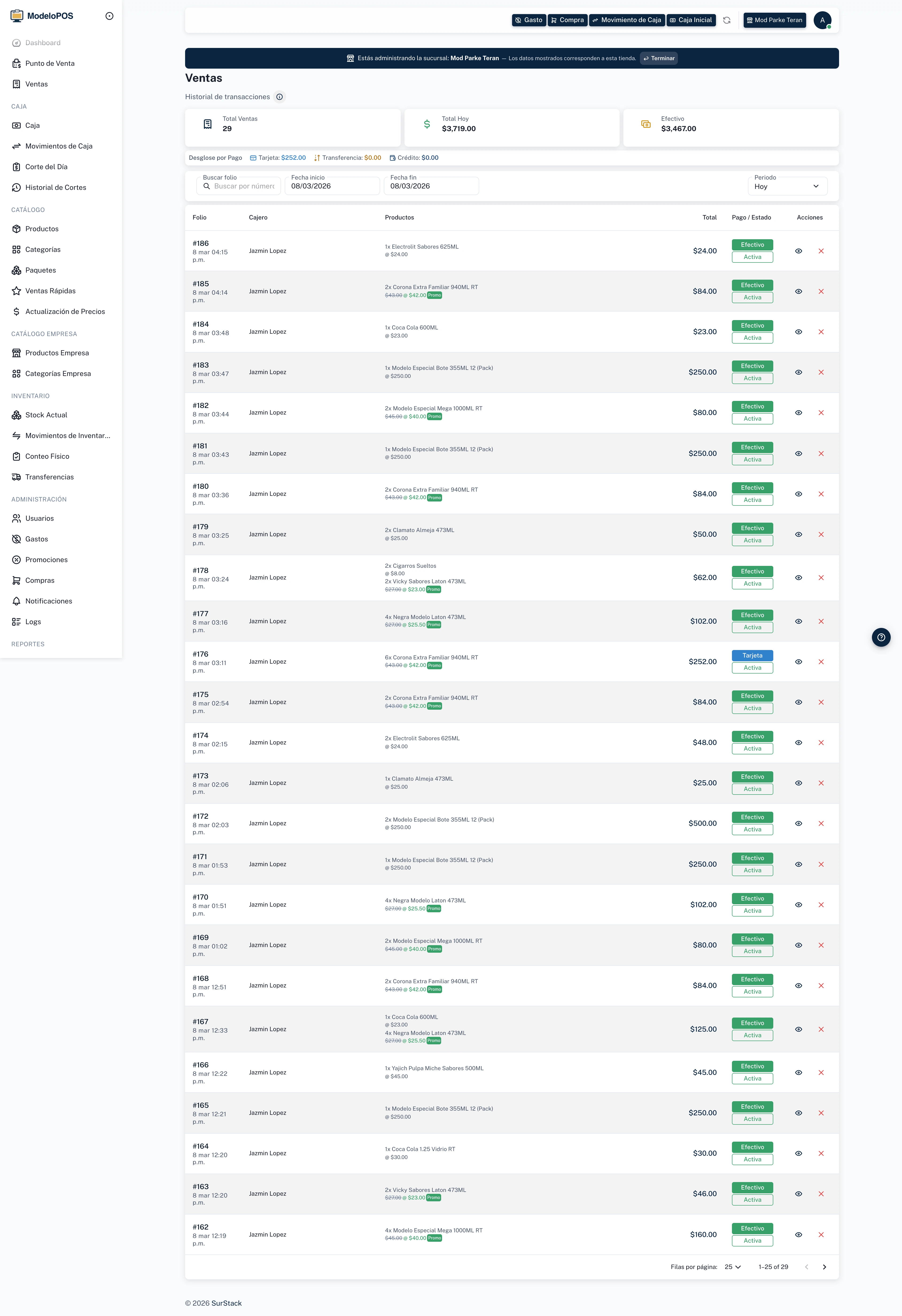 ModeloPOS — historial de ventas con filtros y detalles