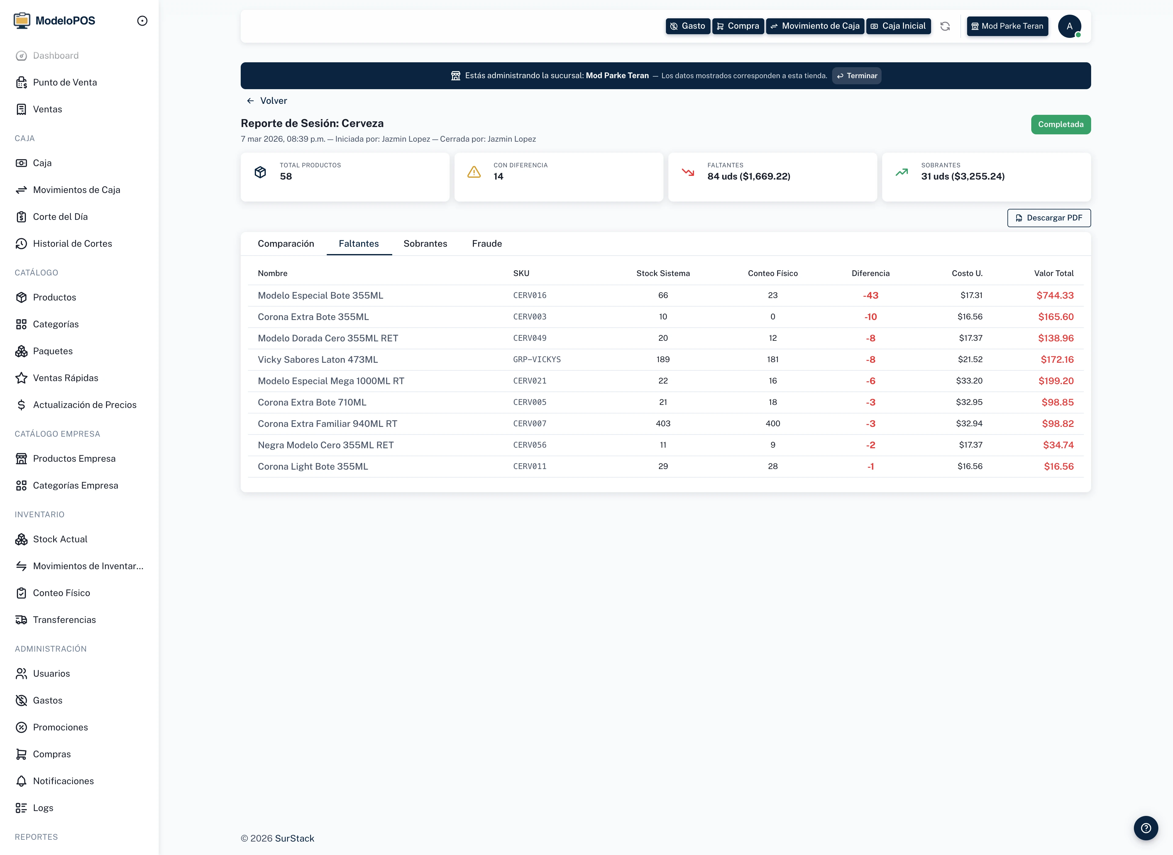 ModeloPOS — historial de sesiones de inventario con control y trazabilidad