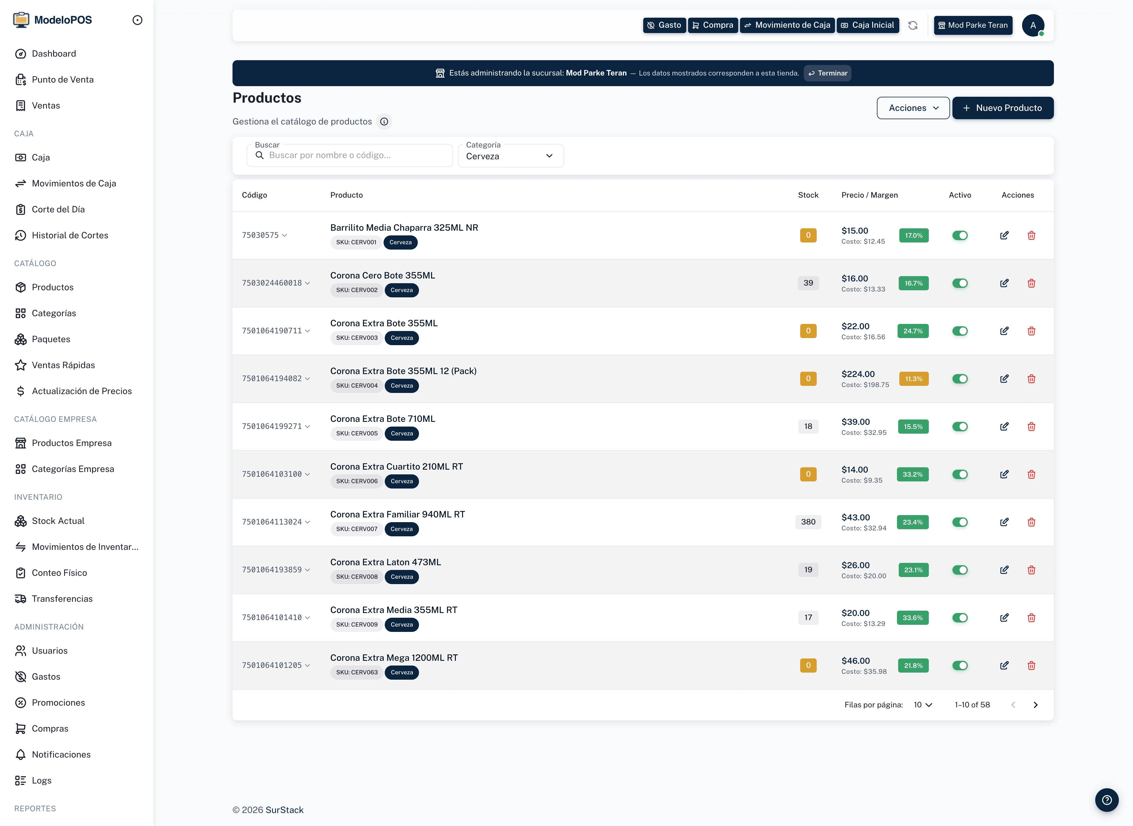 ModeloPOS — catálogo de productos con precios y stock