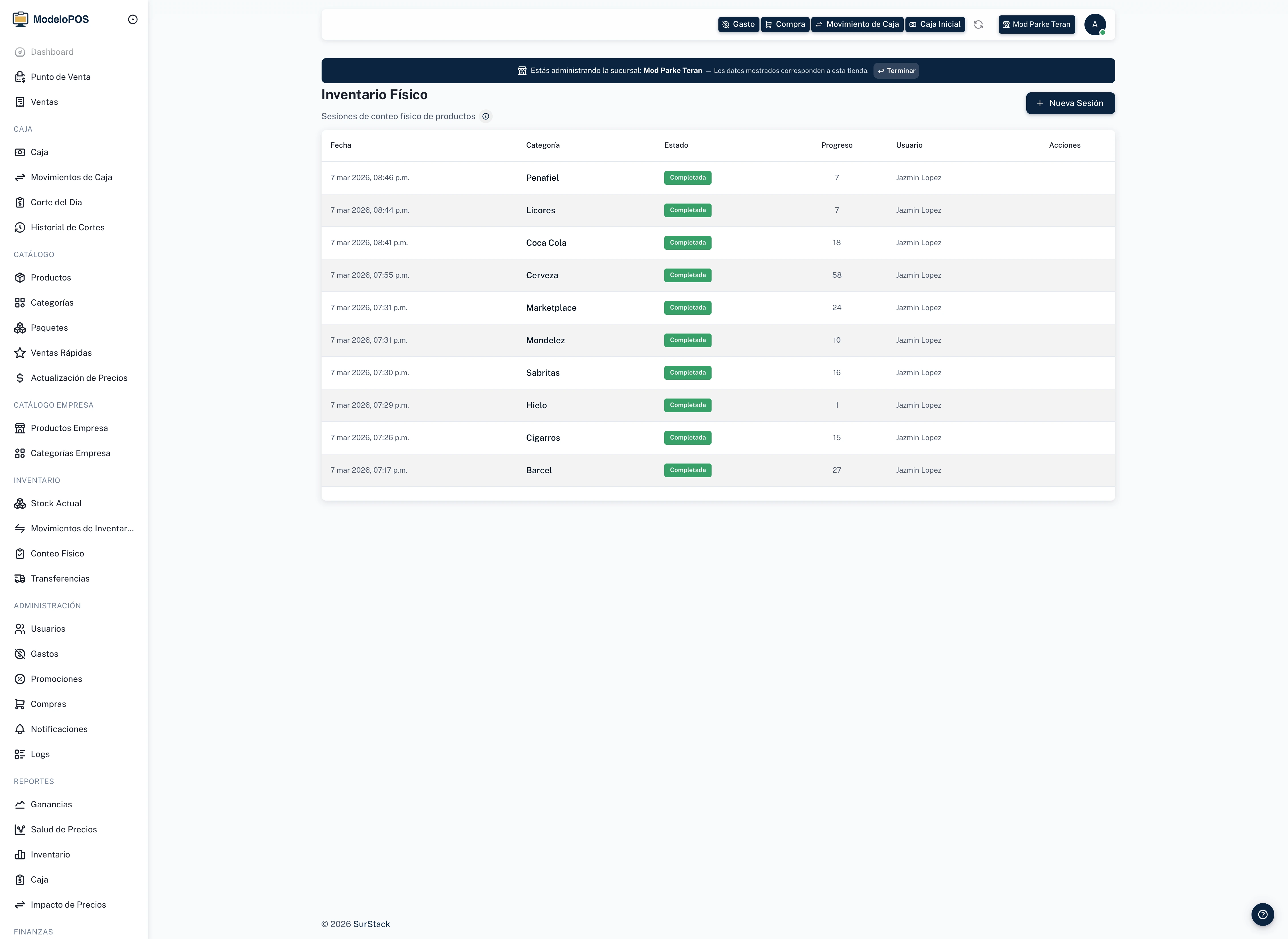 ModeloPOS — reporte de inventario con faltantes y sobrantes detectados